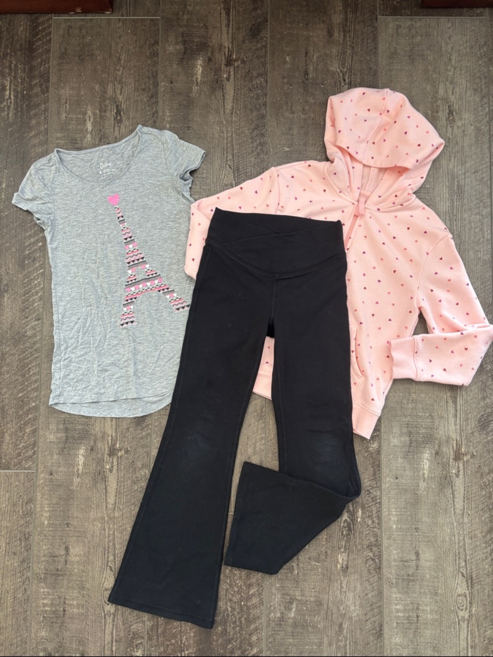 3 pc outfit Zip up hoodie with hearts, gray top and flare pants